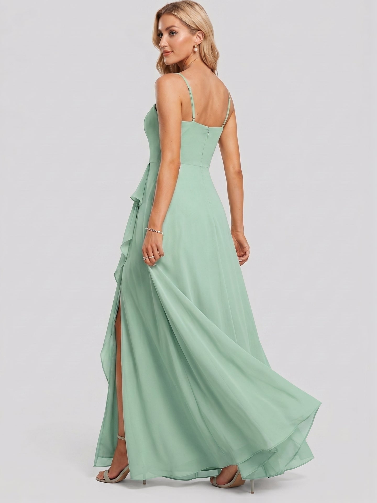 Elegant Mint Green Chiffon A-Line Straight Neck Back Zip with Ruffle Ankle-Length Bridesmaid Dress