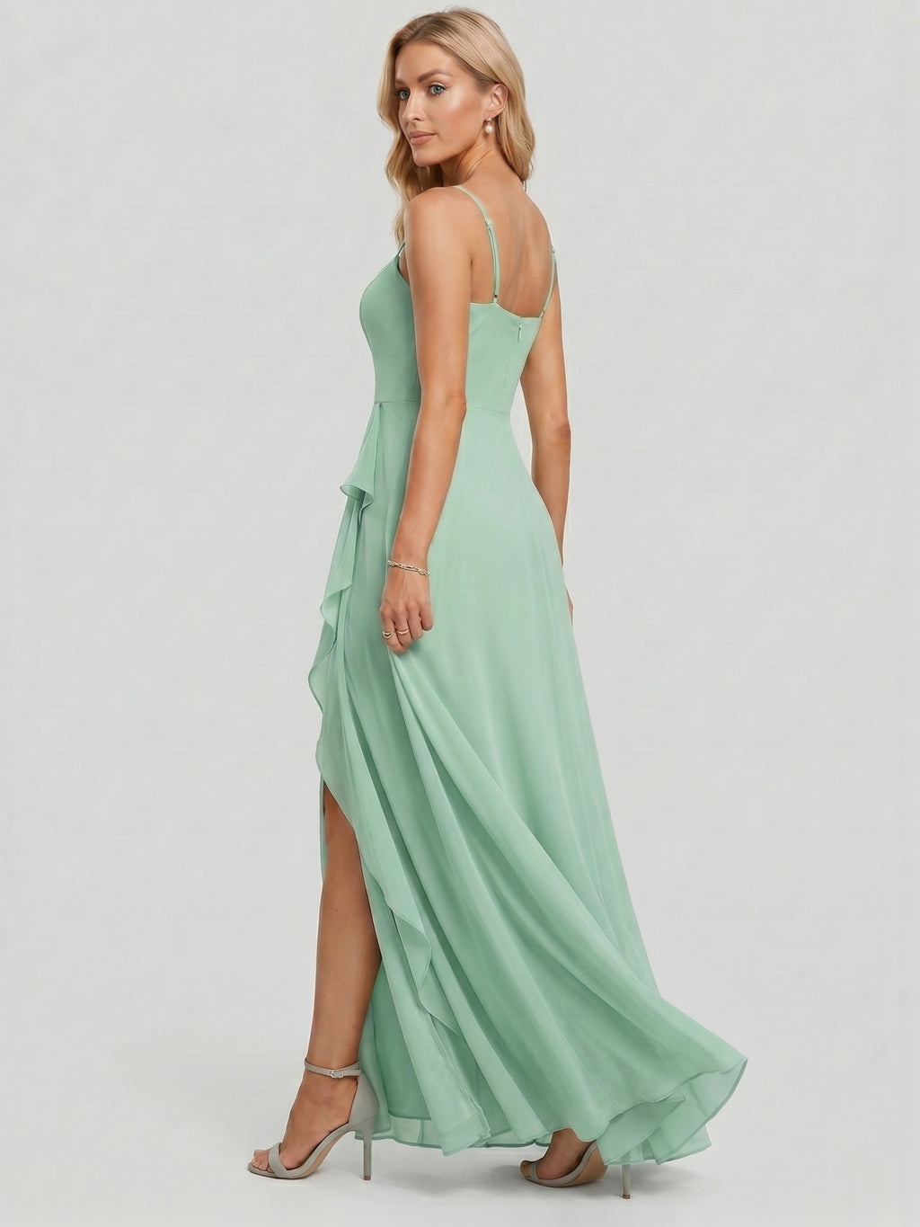 Elegant Mint Green Chiffon A-Line Straight Neck Back Zip with Ruffle Ankle-Length Bridesmaid Dress