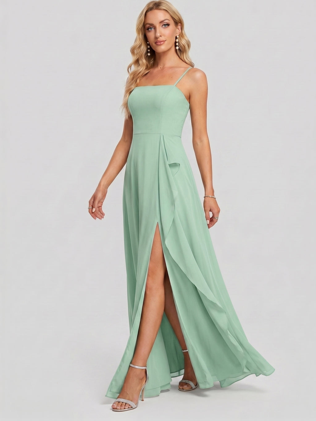 Elegant Mint Green Chiffon A-Line Straight Neck Back Zip with Ruffle Ankle-Length Bridesmaid Dress
