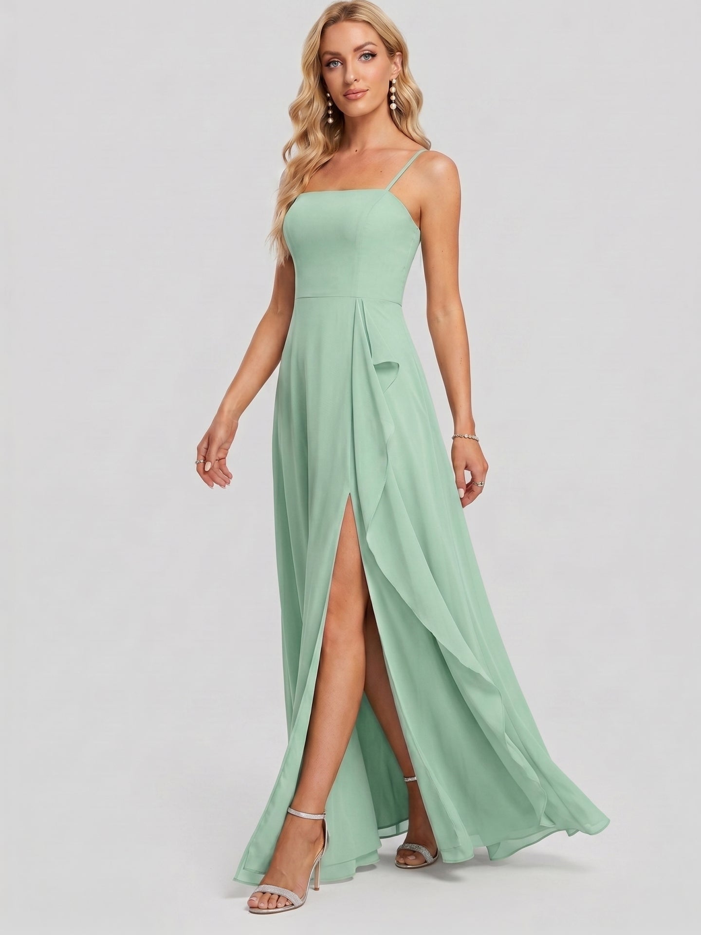 Elegant Mint Green Chiffon A-Line Straight Neck Back Zip with Ruffle Ankle-Length Bridesmaid Dress