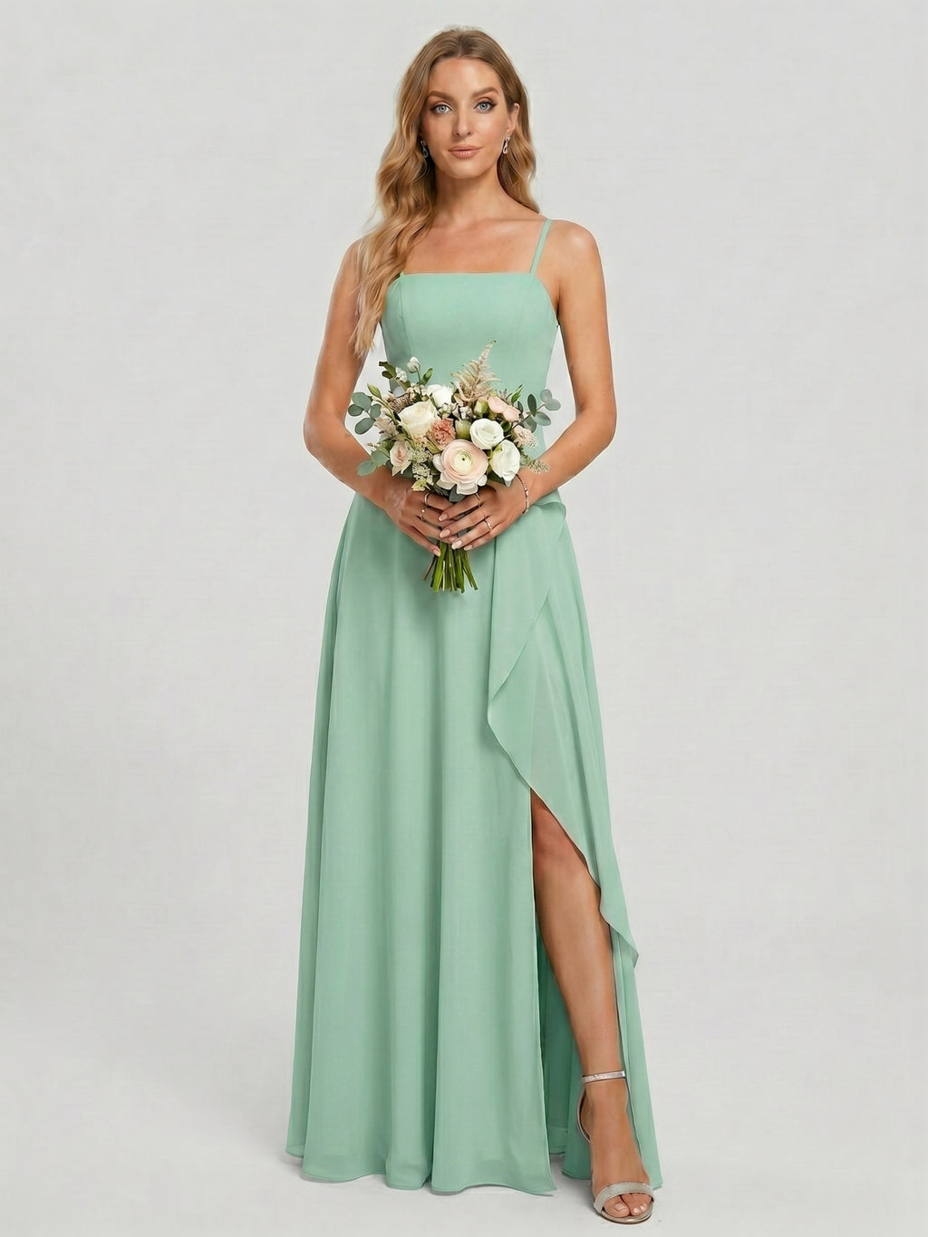 Elegant Mint Green Chiffon A-Line Straight Neck Back Zip with Ruffle Ankle-Length Bridesmaid Dress