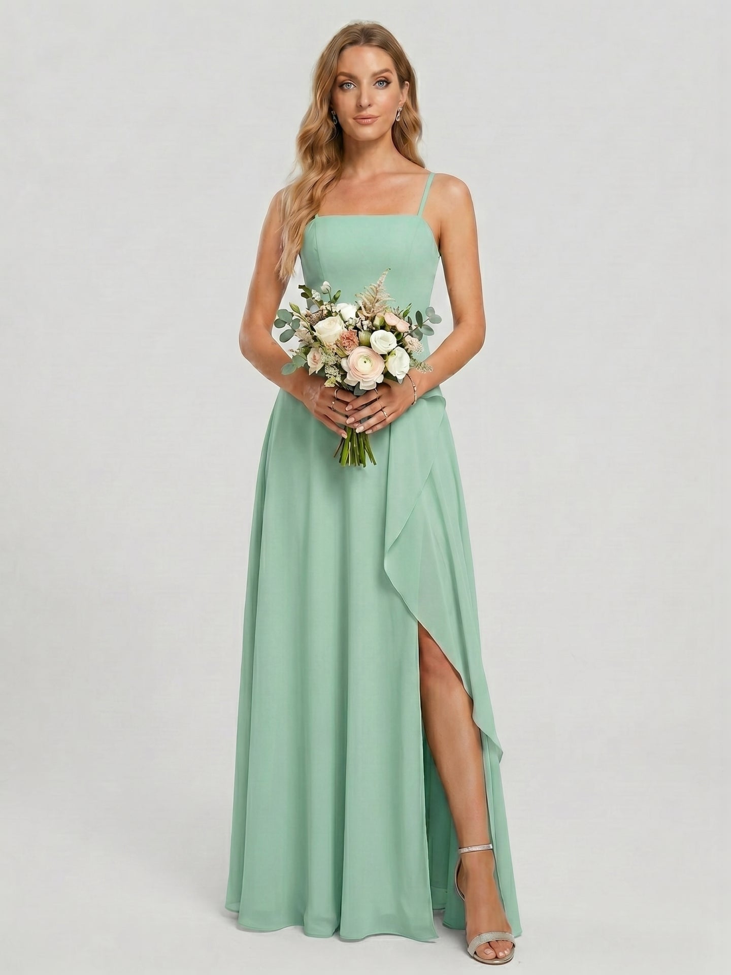 Elegant Mint Green Chiffon A-Line Straight Neck Back Zip with Ruffle Ankle-Length Bridesmaid Dress