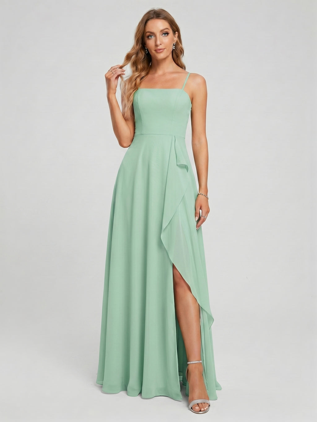 Elegant Mint Green Chiffon A-Line Straight Neck Back Zip with Ruffle Ankle-Length Bridesmaid Dress