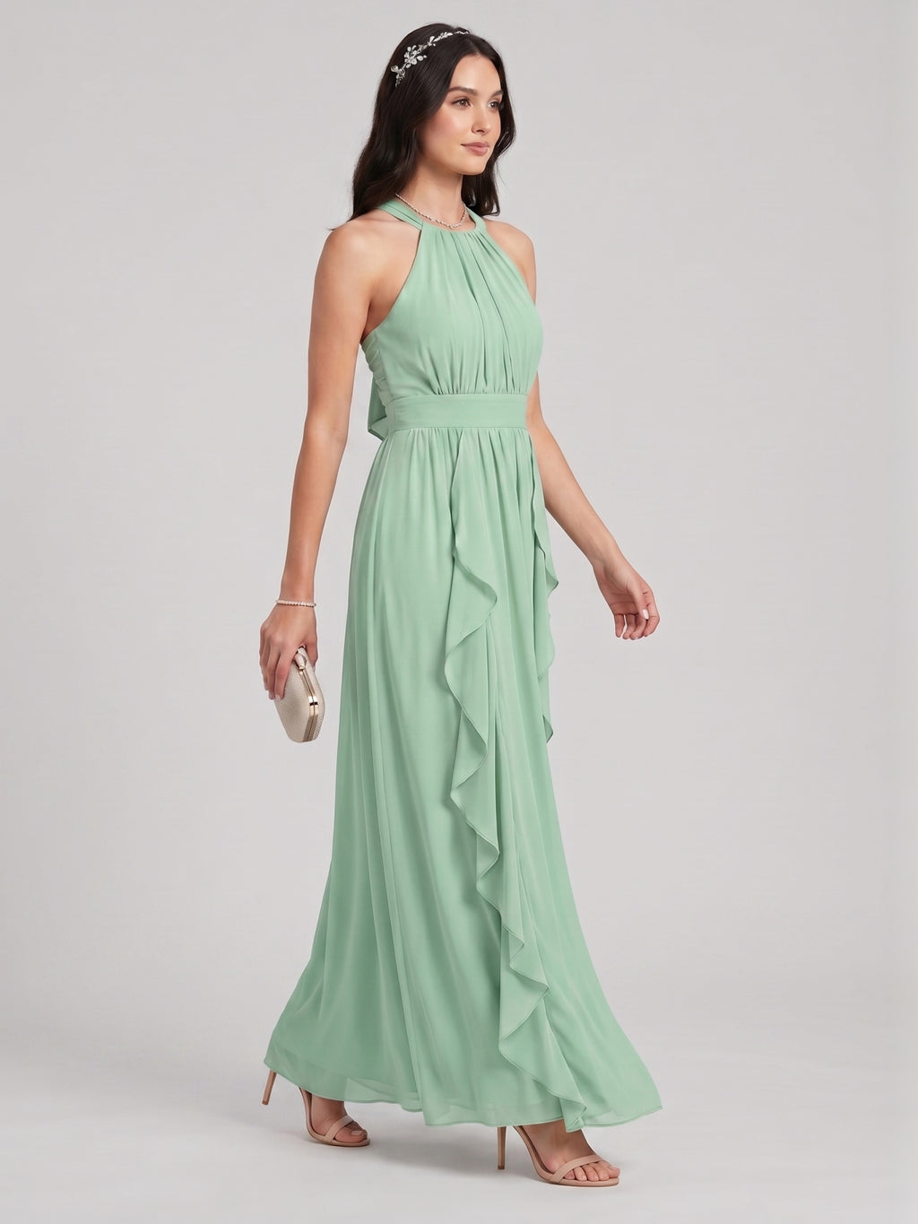 Sweet & Flowy Mint Green Chiffon A-Line Halter neckline Backless Ankle-Length  Bridesmaid Dress