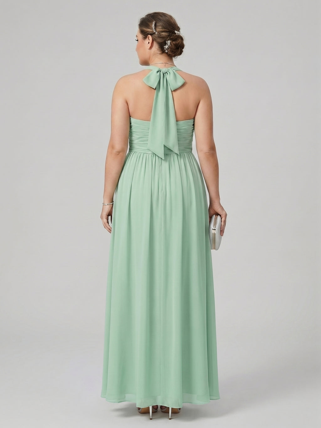 Sweet & Flowy Mint Green Chiffon A-Line Halter neckline Backless Ankle-Length  Bridesmaid Dress
