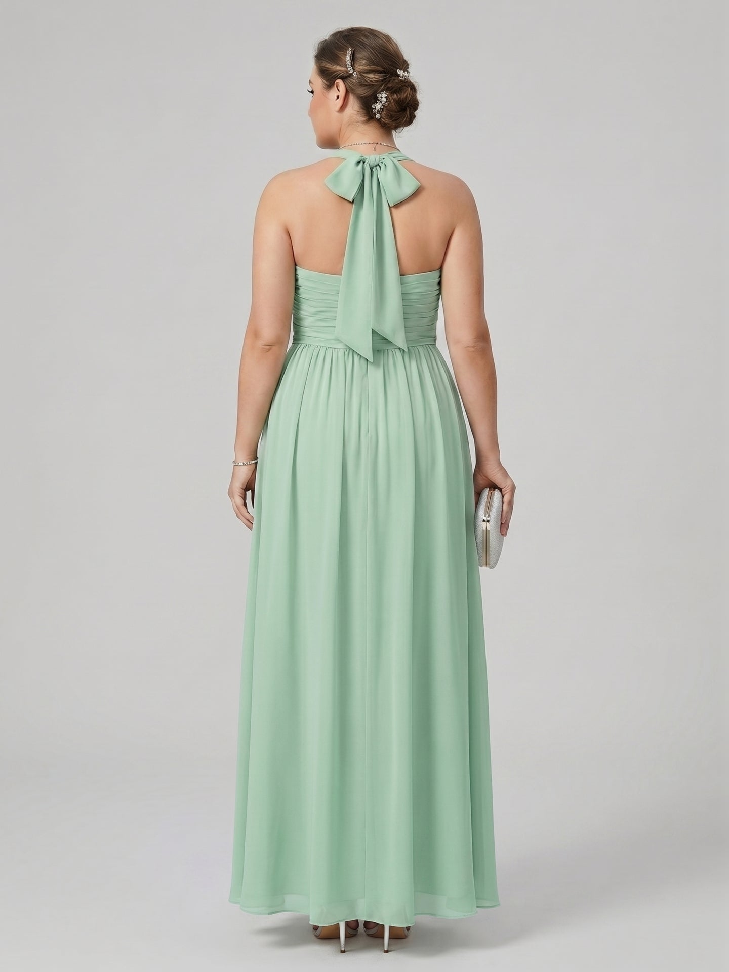Sweet & Flowy Mint Green Chiffon A-Line Halter neckline Backless Ankle-Length  Bridesmaid Dress