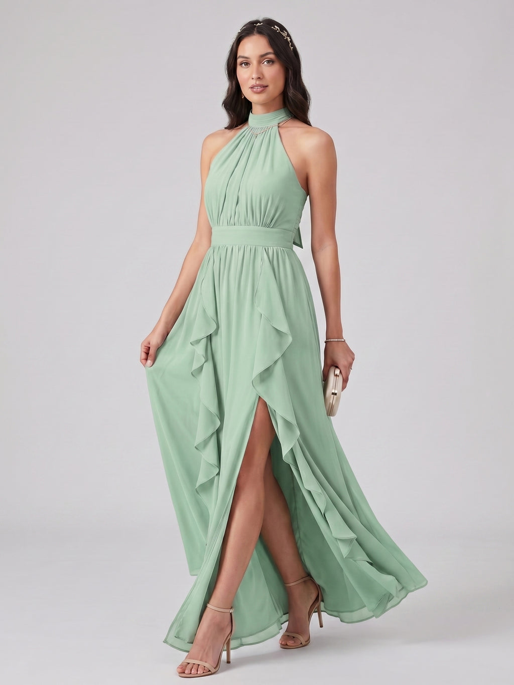 Sweet & Flowy Mint Green Chiffon A-Line Halter neckline Backless Ankle-Length  Bridesmaid Dress