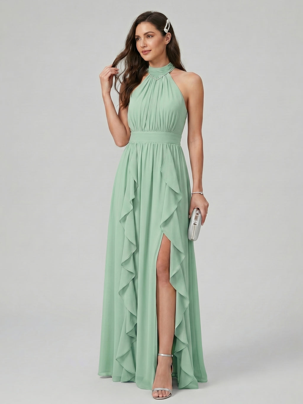 Sweet & Flowy Mint Green Chiffon A-Line Halter neckline Backless Ankle-Length  Bridesmaid Dress