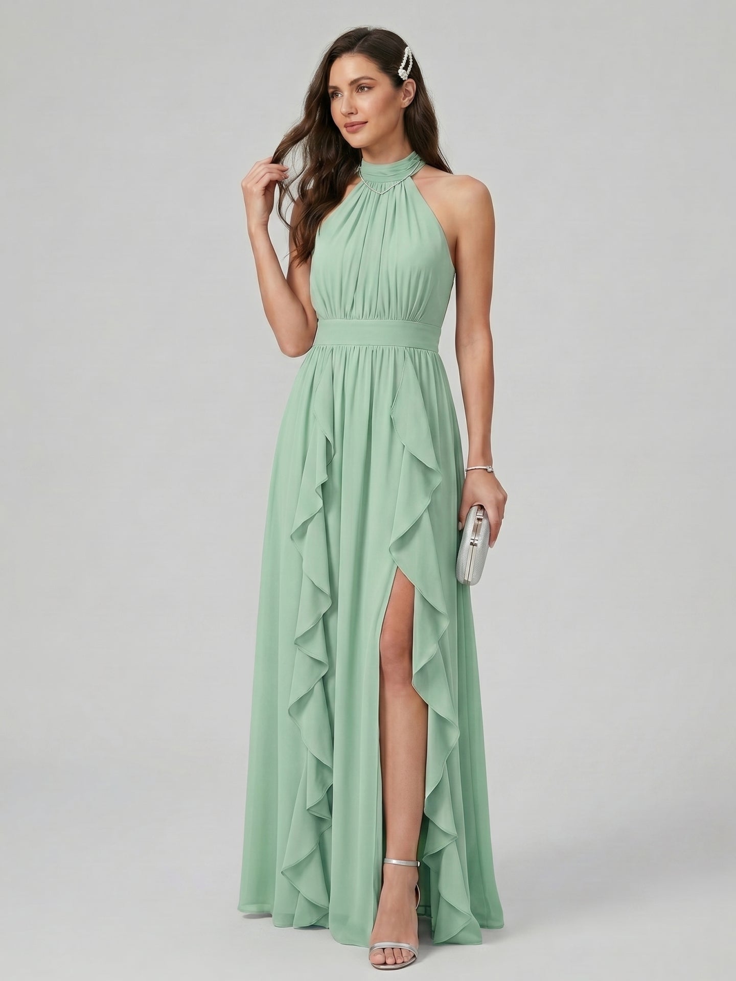 Sweet & Flowy Mint Green Chiffon A-Line Halter neckline Backless Ankle-Length  Bridesmaid Dress