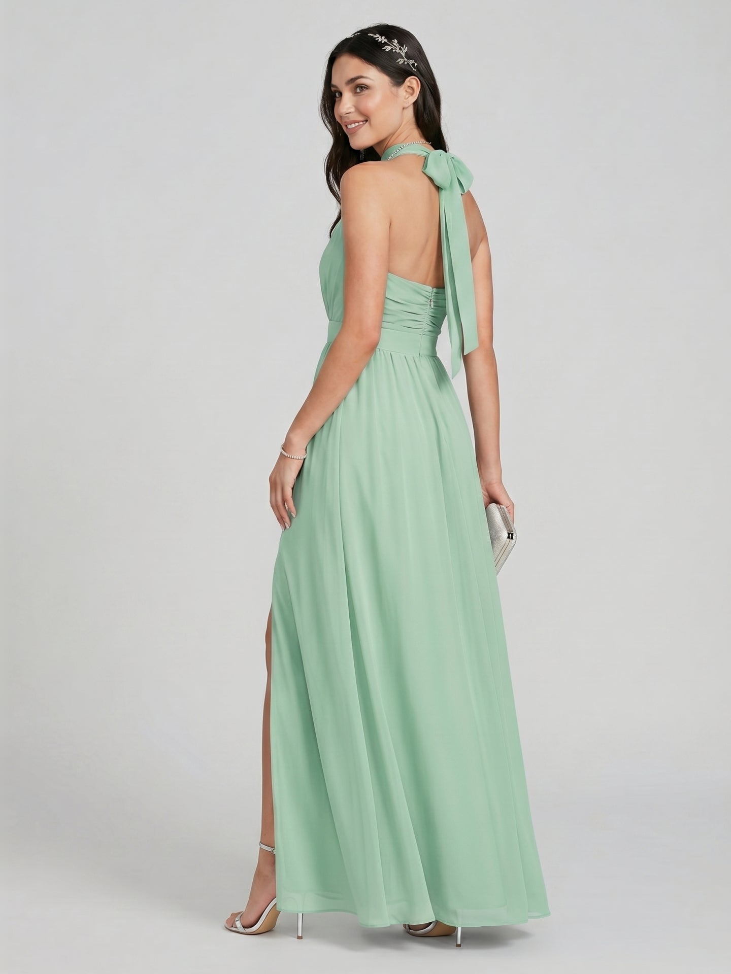 Sweet & Flowy Mint Green Chiffon A-Line Halter neckline Backless Ankle-Length  Bridesmaid Dress