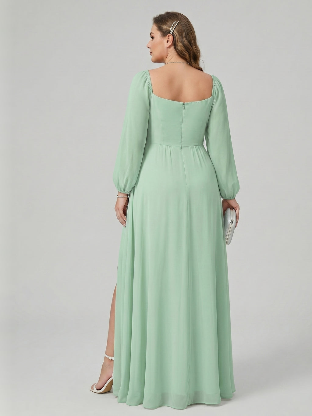Modest Mint Green Chiffon A-Line Square Neck Back Zip Ankle-Length Bridesmaid Dress