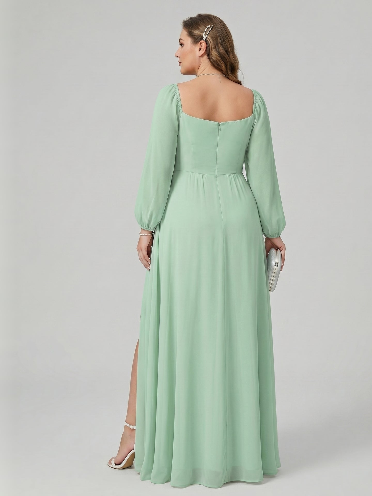 Modest Mint Green Chiffon A-Line Square Neck Back Zip Ankle-Length Bridesmaid Dress