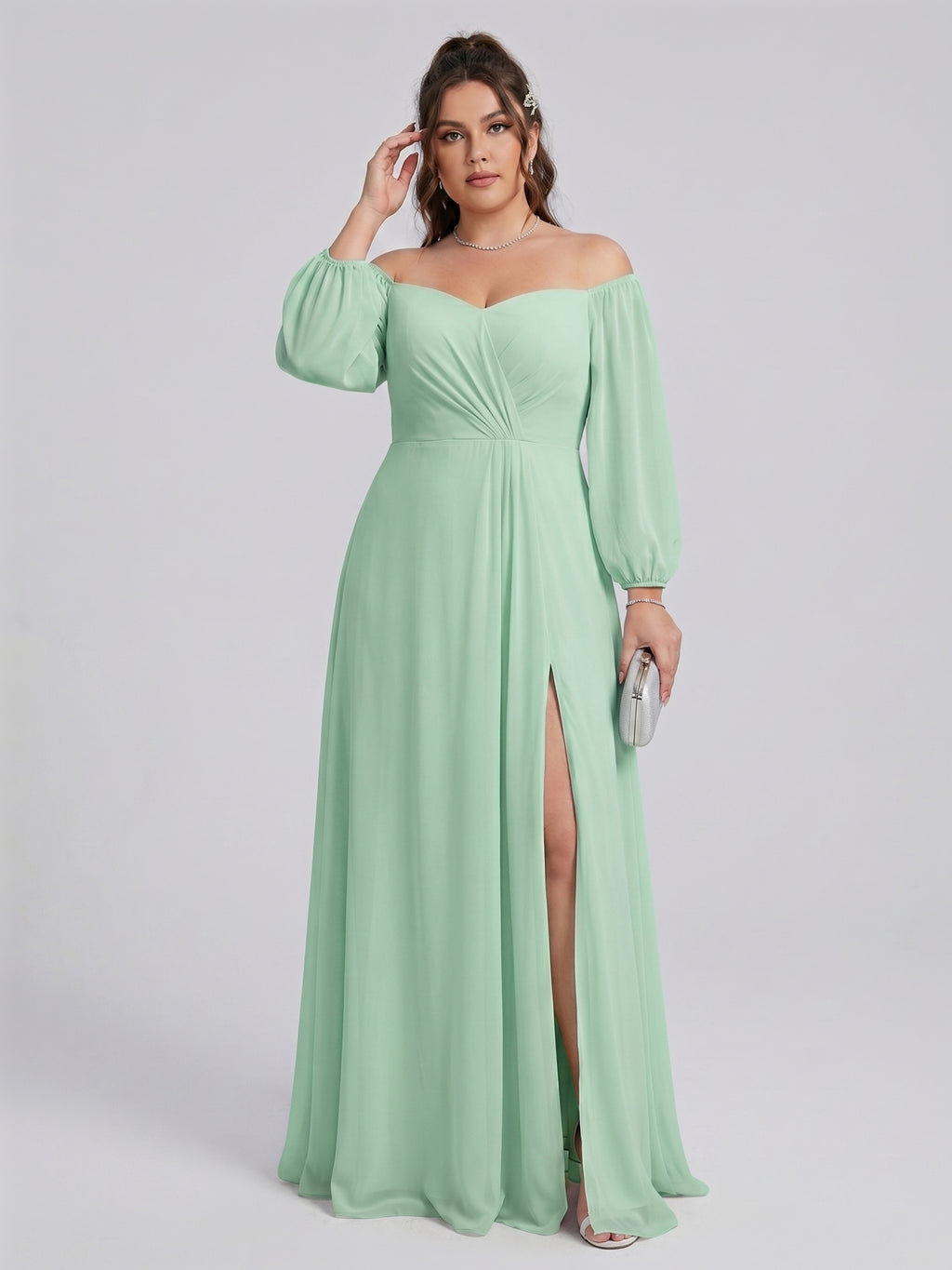 Modest Mint Green Chiffon A-Line Square Neck Back Zip Ankle-Length Bridesmaid Dress