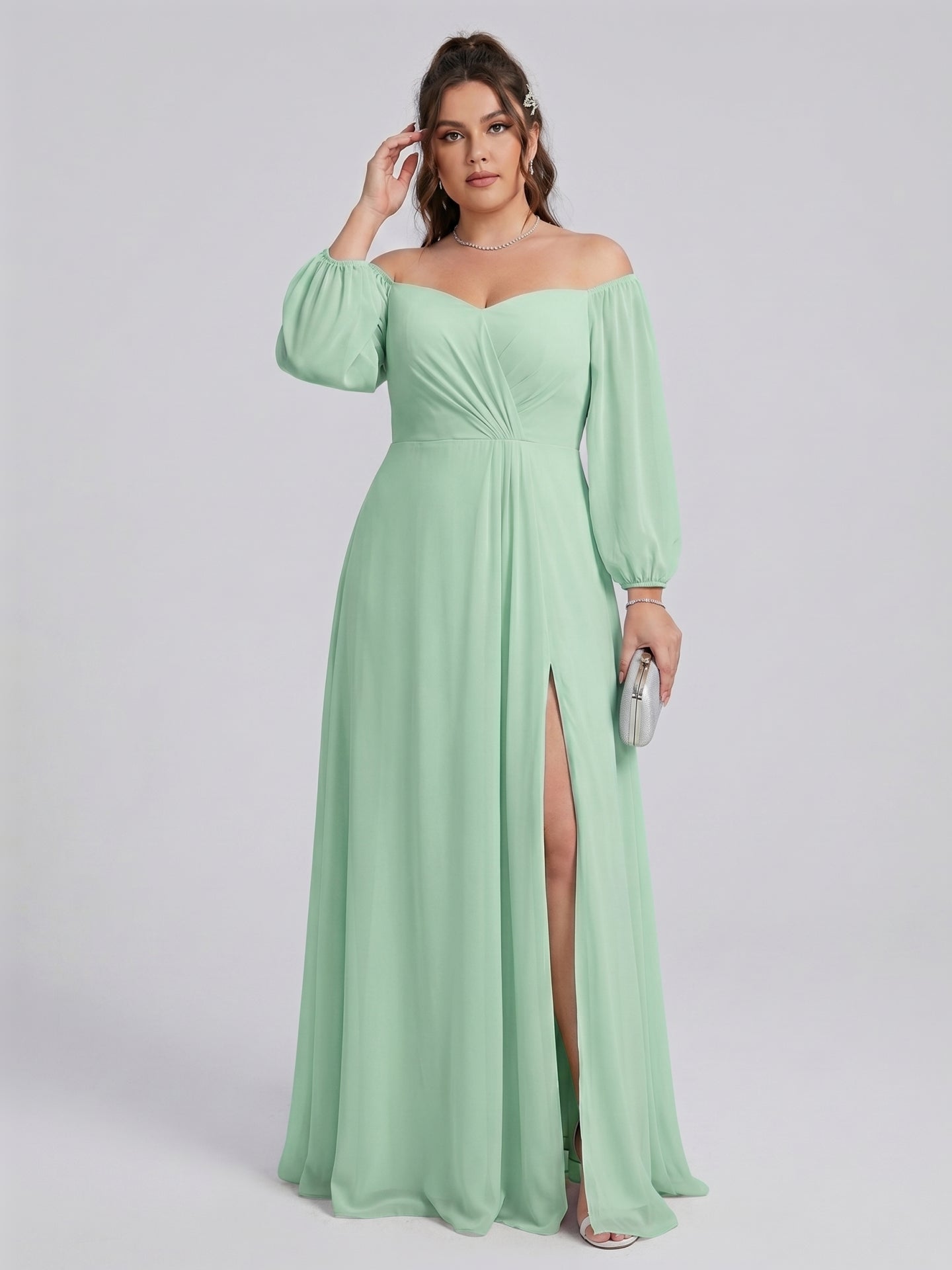 Modest Mint Green Chiffon A-Line Square Neck Back Zip Ankle-Length Bridesmaid Dress
