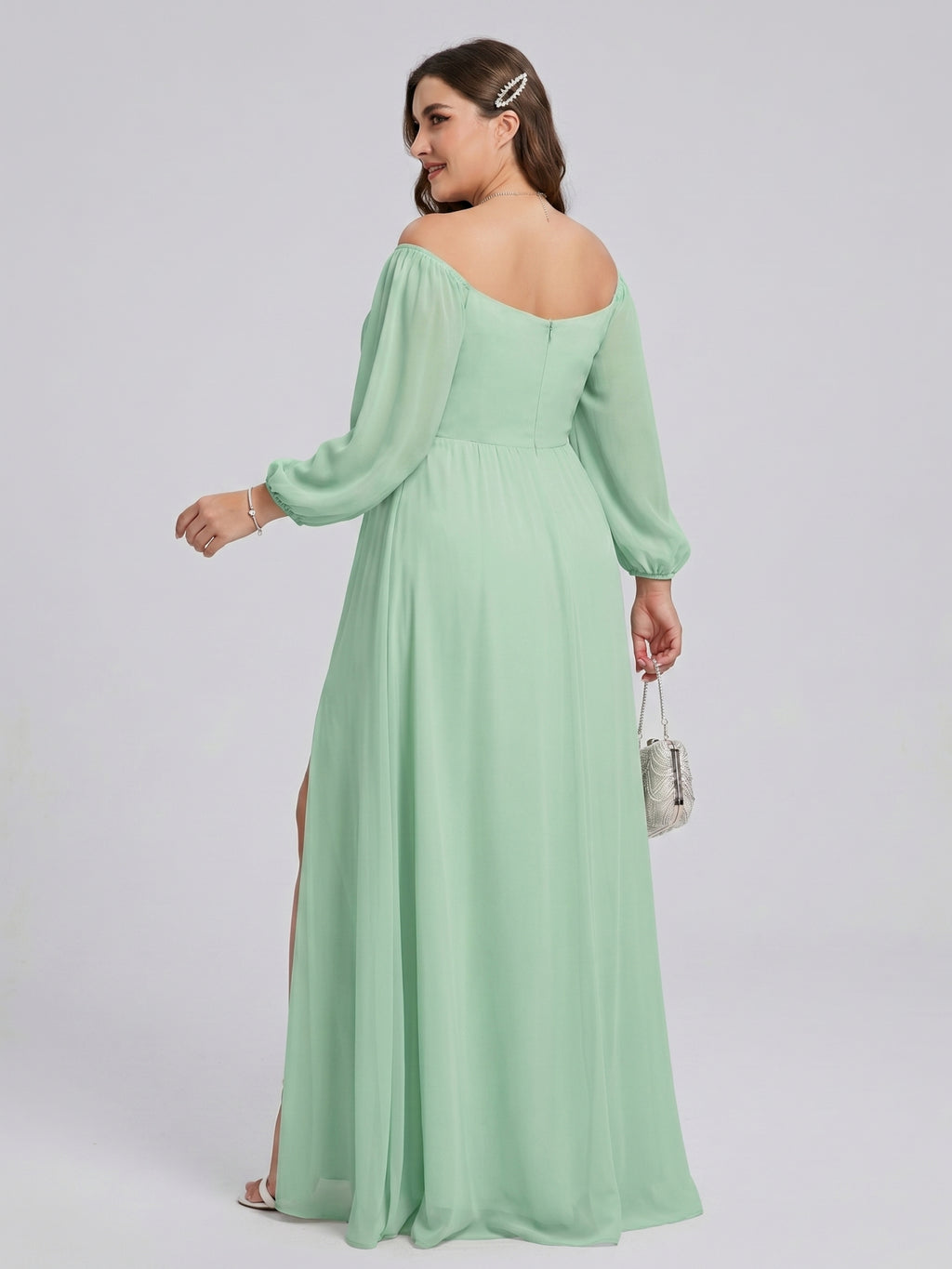 Modest Mint Green Chiffon A-Line Square Neck Back Zip Ankle-Length Bridesmaid Dress