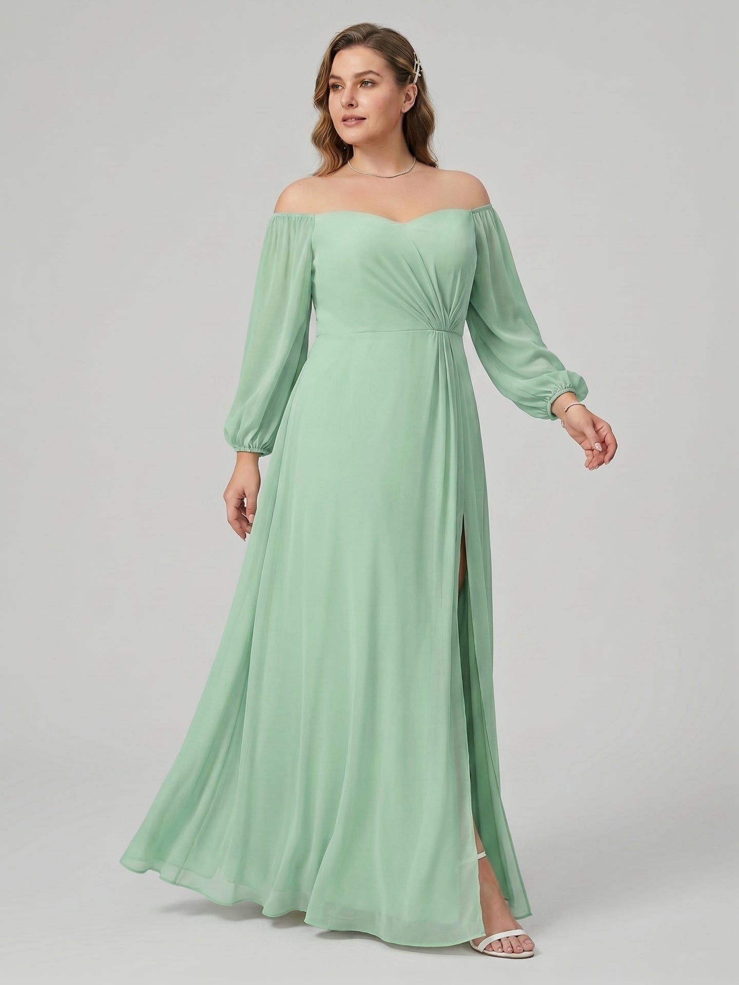 Modest Mint Green Chiffon A-Line Square Neck Back Zip Ankle-Length Bridesmaid Dress