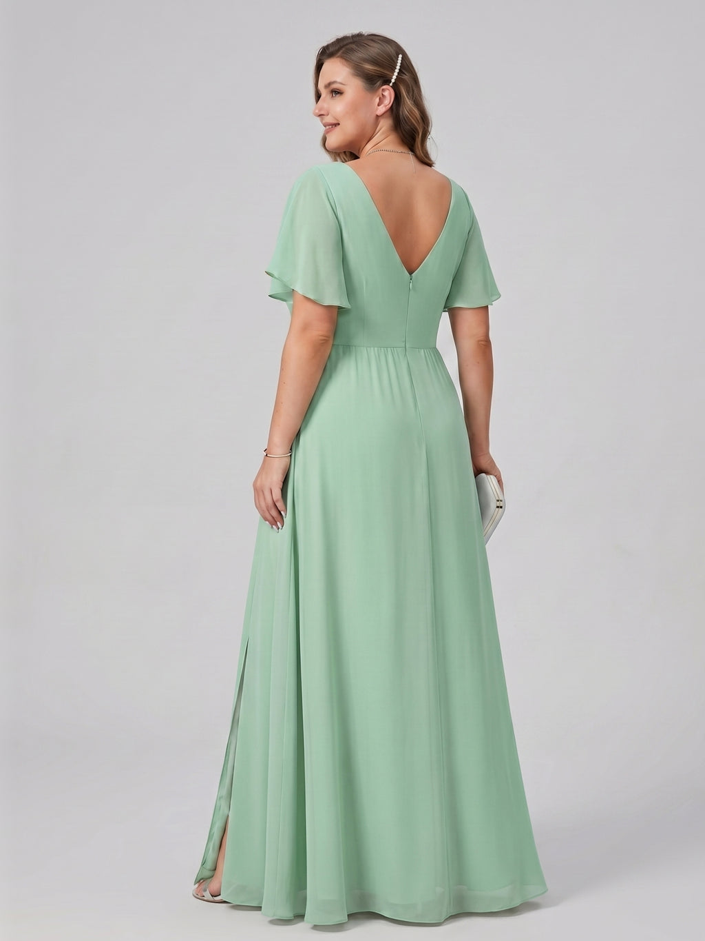 Modest Mint Green Chiffon A-Line V-Neck Back Zip Ankle-Length Plus Size Bridesmaid Dress