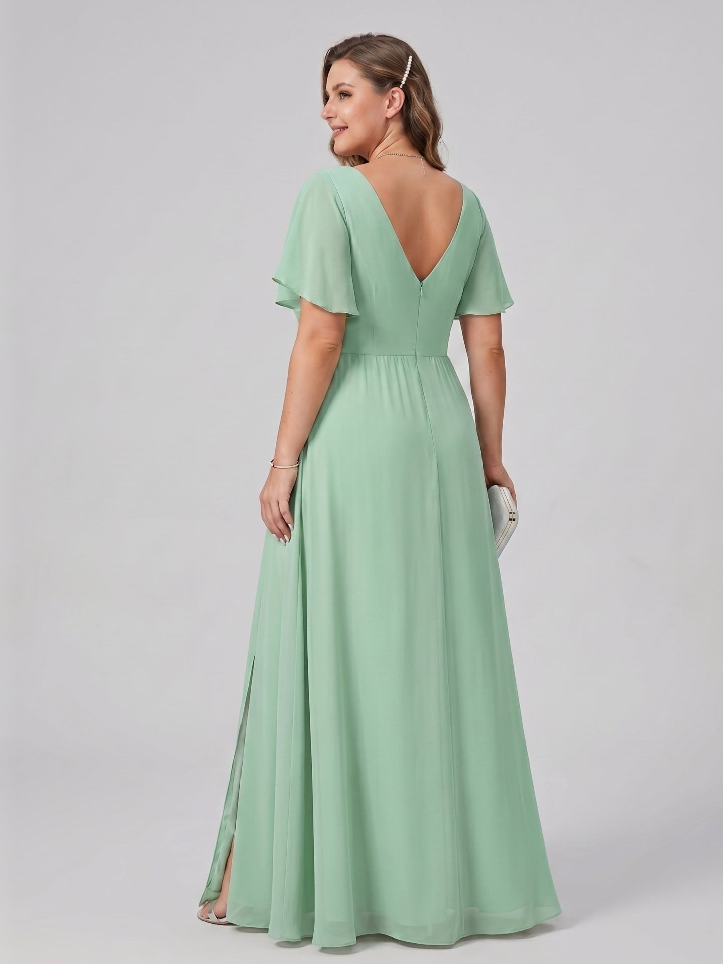 Modest Mint Green Chiffon A-Line V-Neck Back Zip Ankle-Length Plus Size Bridesmaid Dress