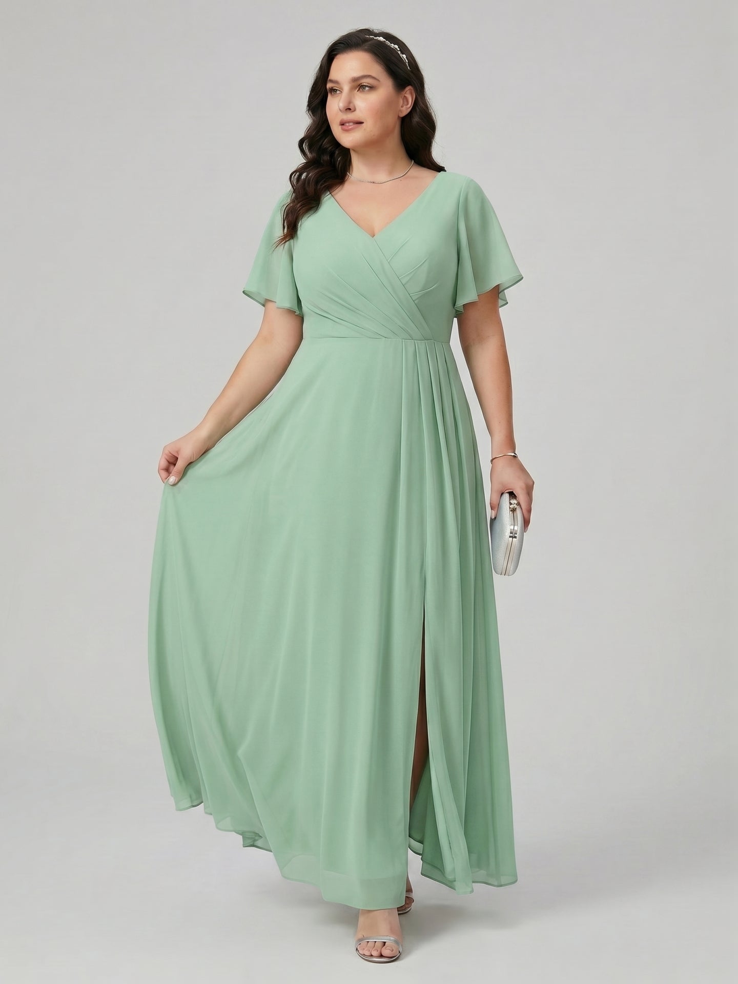 Modest Mint Green Chiffon A-Line V-Neck Back Zip Ankle-Length Plus Size Bridesmaid Dress