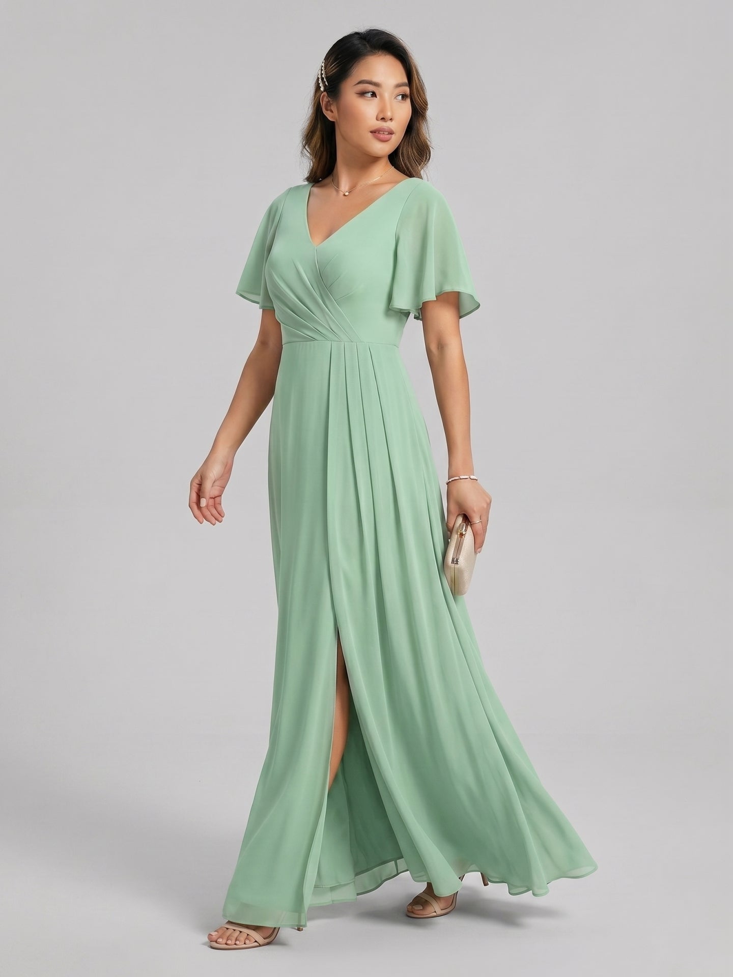 Modest Mint Green Chiffon A-Line V-Neck Back Zip Ankle-Length Plus Size Bridesmaid Dress