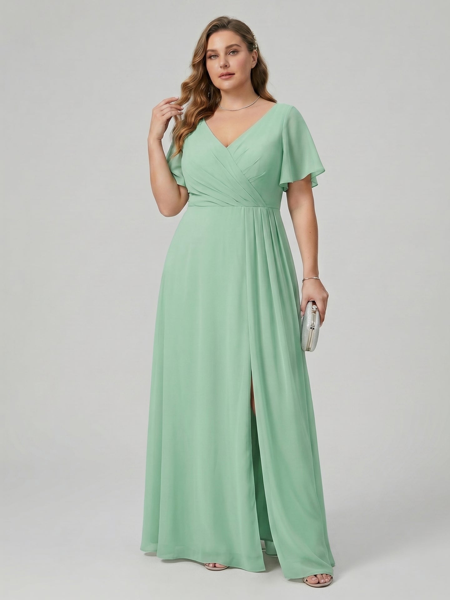 Modest Mint Green Chiffon A-Line V-Neck Back Zip Ankle-Length Plus Size Bridesmaid Dress