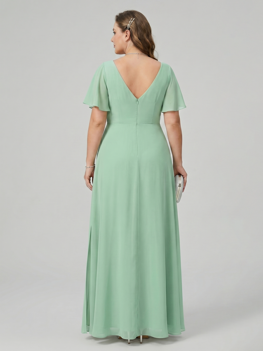 Modest Mint Green Chiffon A-Line V-Neck Back Zip Ankle-Length Plus Size Bridesmaid Dress
