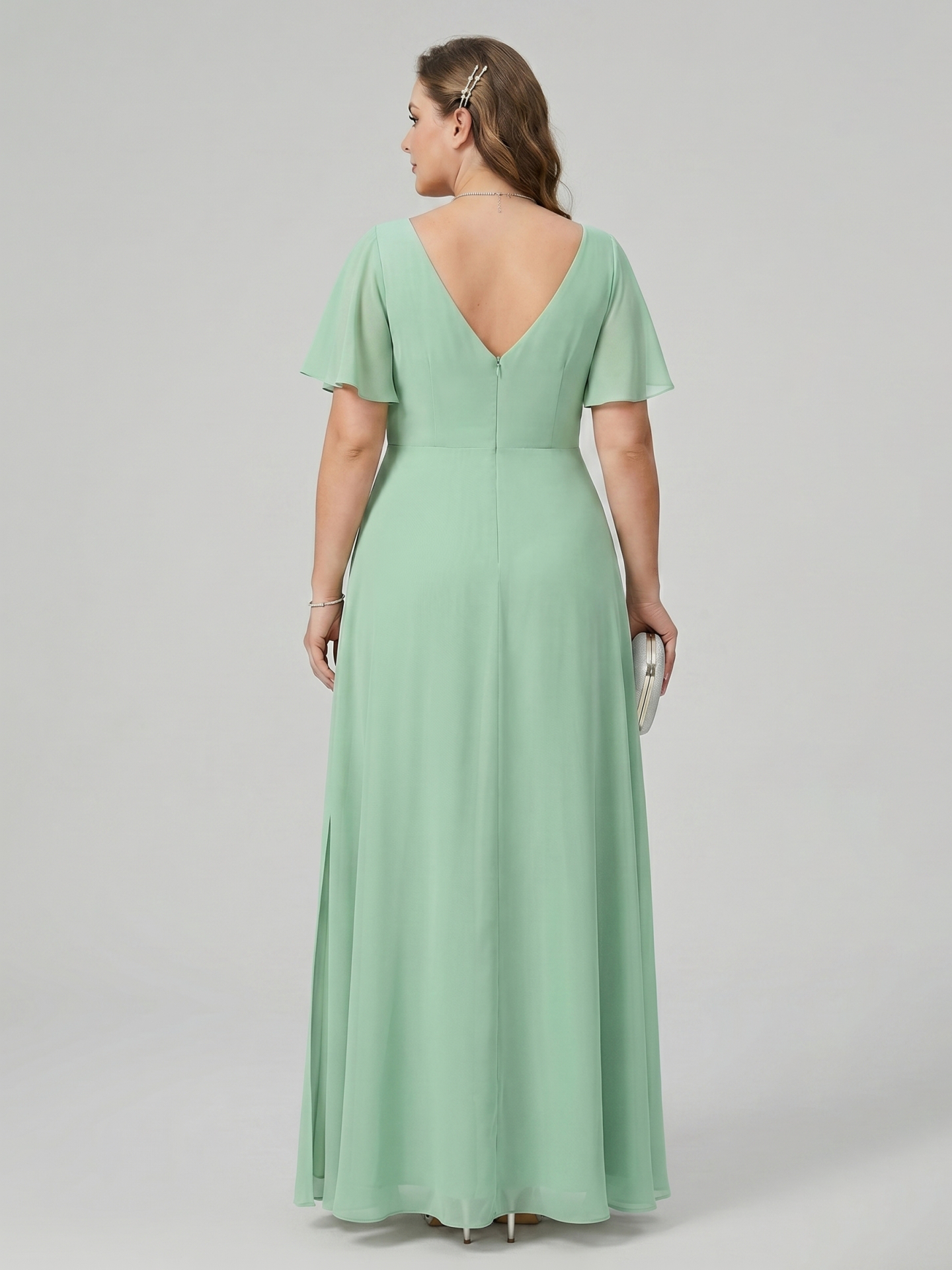 Modest Mint Green Chiffon A-Line V-Neck Back Zip Ankle-Length Plus Size Bridesmaid Dress
