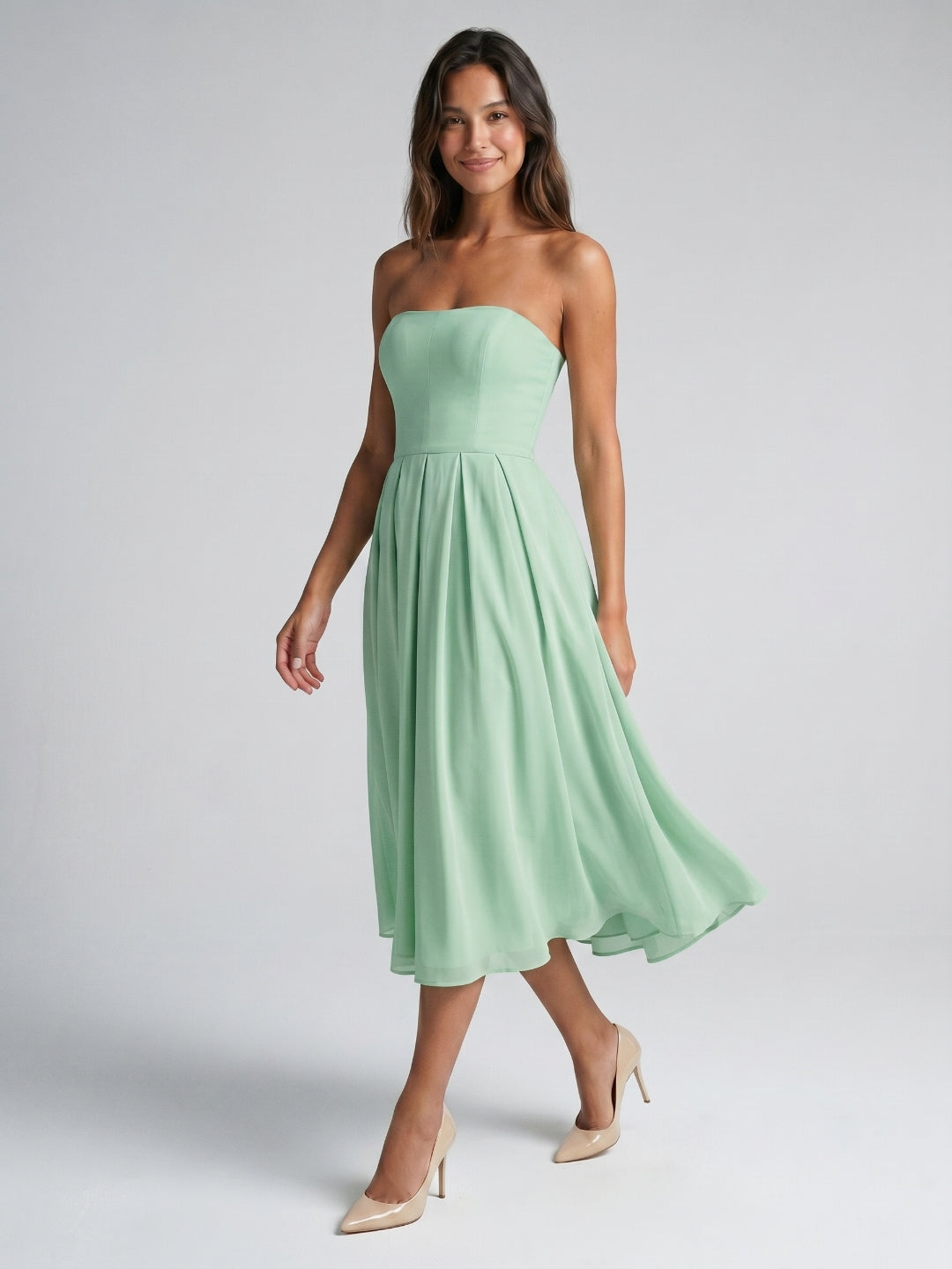 Mint Green Chiffon A-Line Straight Neck Backless Tea-Length Formal Dress with Pleating