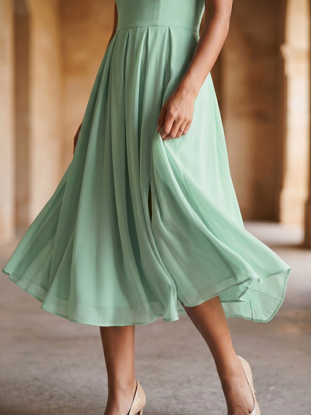 Mint Green Chiffon A-Line Straight Neck Backless Tea-Length Formal Dress with Pleating