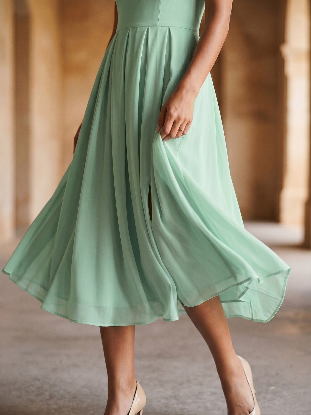 Mint Green Chiffon A-Line Straight Neck Backless Tea-Length Formal Dress with Pleating