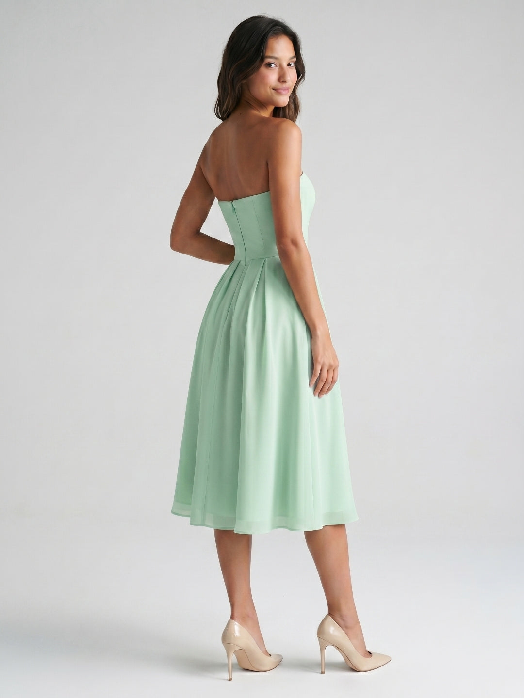Mint Green Chiffon A-Line Straight Neck Backless Tea-Length Formal Dress with Pleating