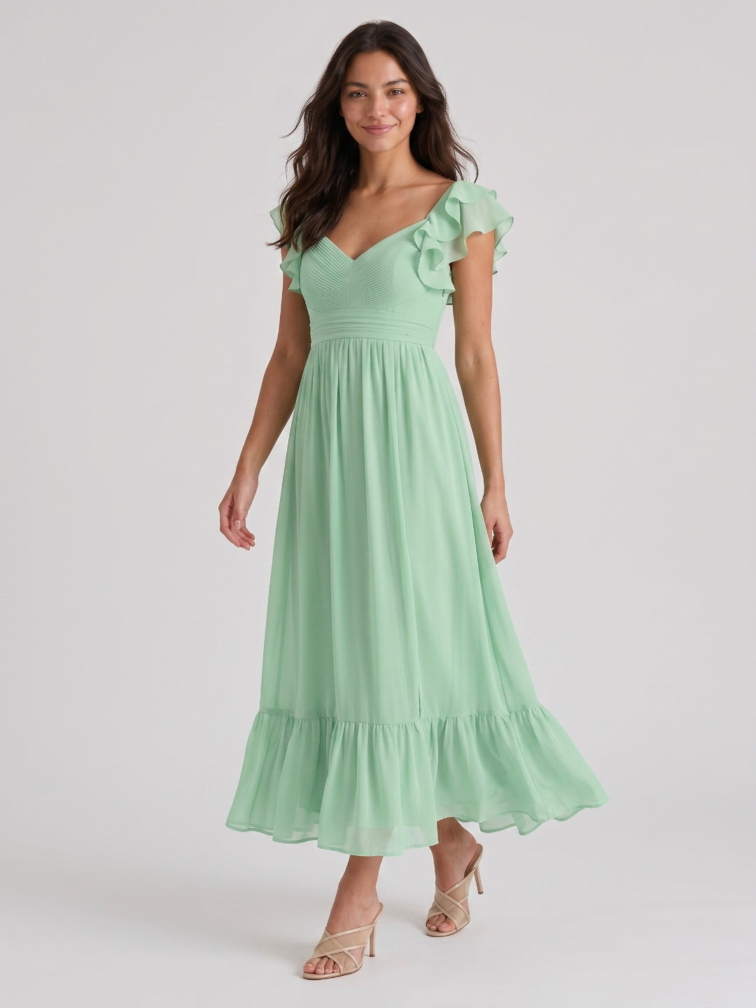 Mint Green Chiffon A-Line V-Neck V-Back Ankle-Length Bridesmaid Dress with Ruffles