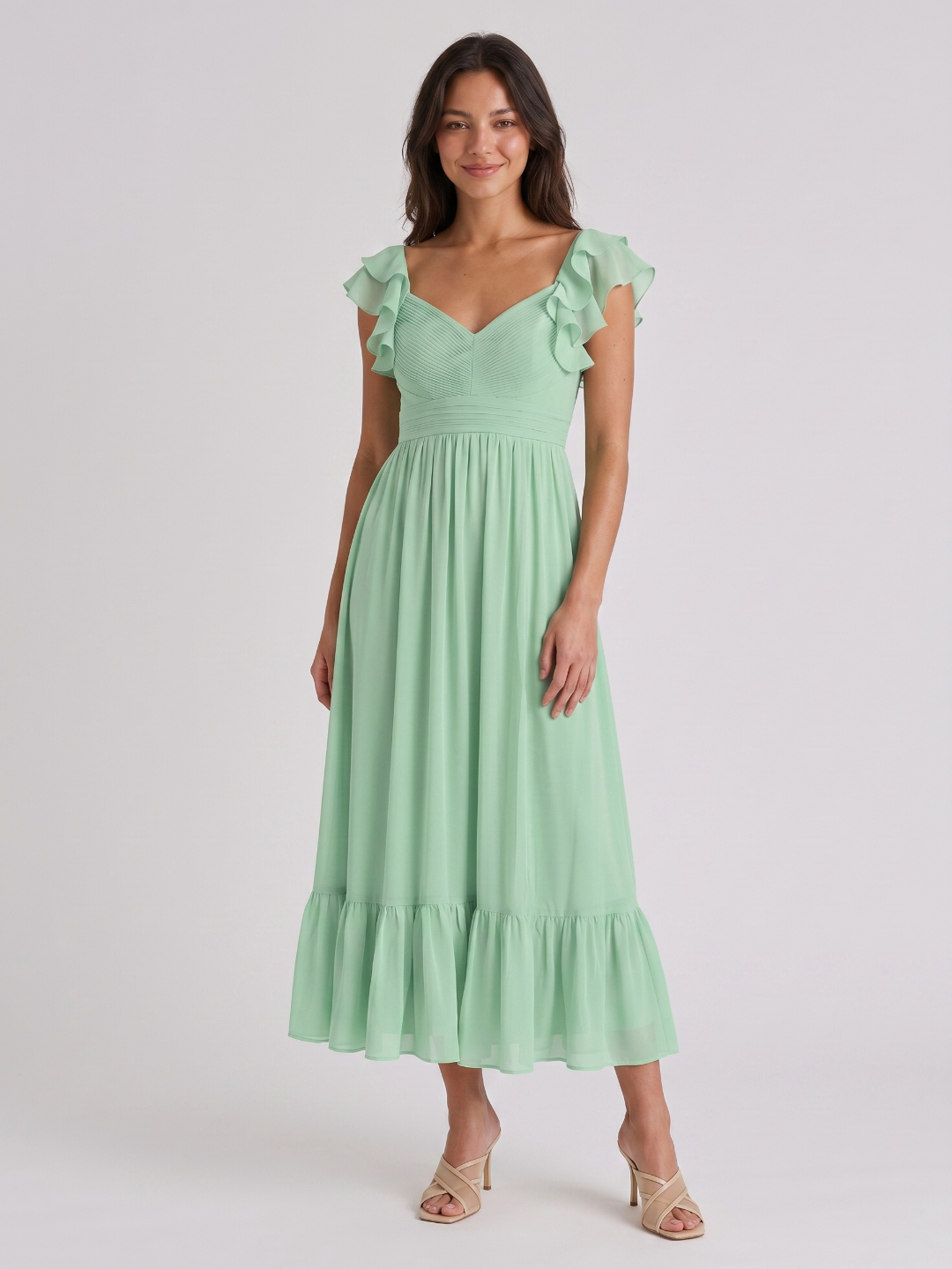 Mint Green Chiffon A-Line V-Neck V-Back Ankle-Length Bridesmaid Dress with Ruffles