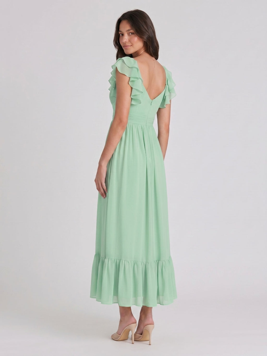 Mint Green Chiffon A-Line V-Neck V-Back Ankle-Length Bridesmaid Dress with Ruffles