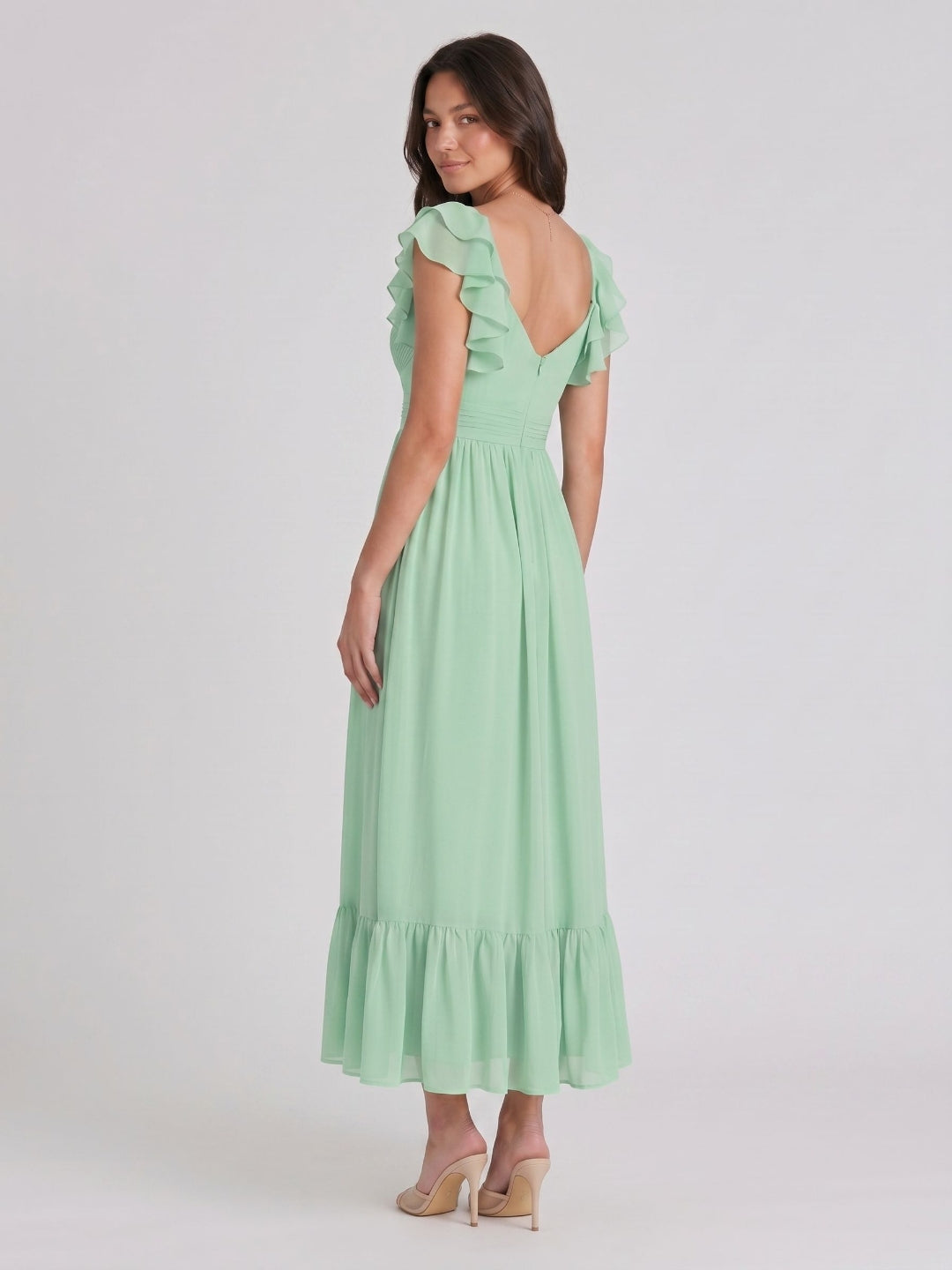 Mint Green Chiffon A-Line V-Neck V-Back Ankle-Length Bridesmaid Dress with Ruffles