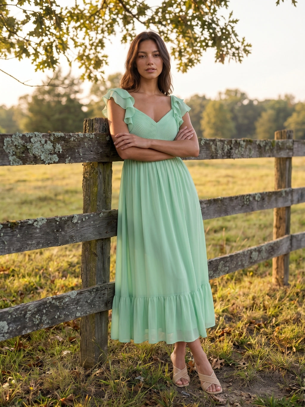 Mint Green Chiffon A-Line V-Neck V-Back Ankle-Length Bridesmaid Dress with Ruffles