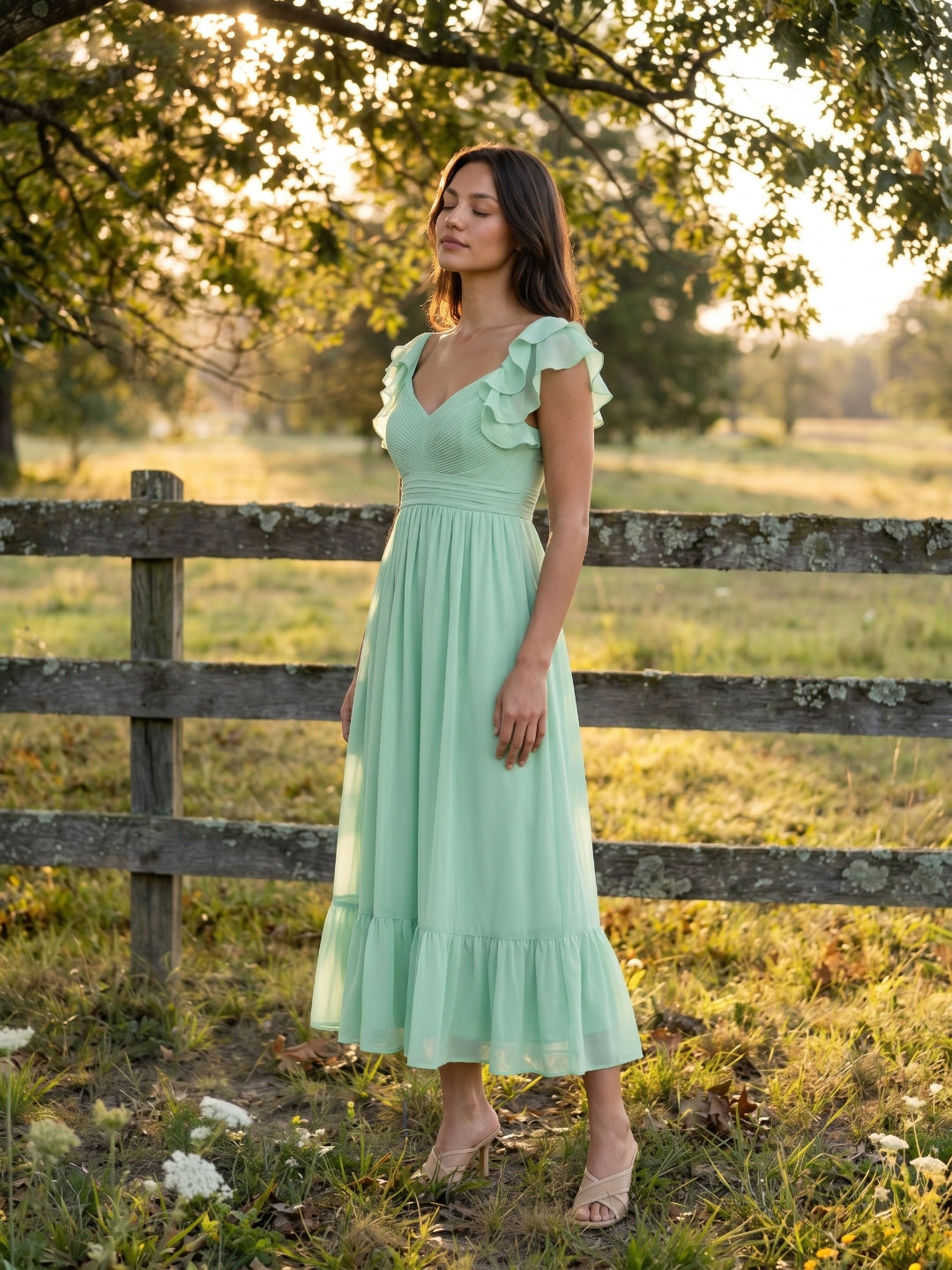 Mint Green Chiffon A-Line V-Neck V-Back Ankle-Length Bridesmaid Dress with Ruffles