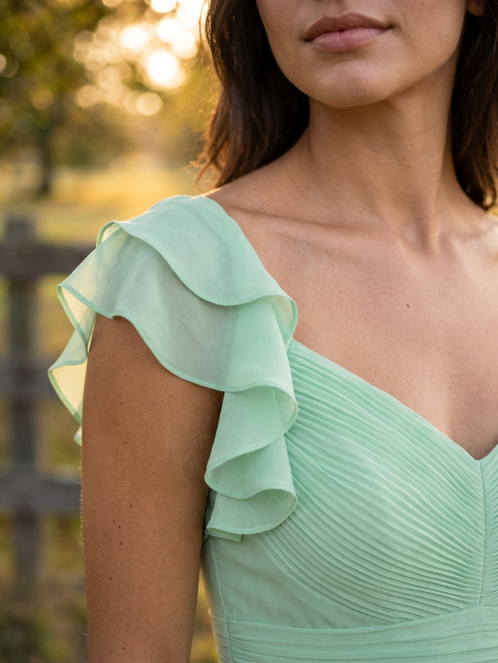 Mint Green Chiffon A-Line V-Neck V-Back Ankle-Length Bridesmaid Dress with Ruffles