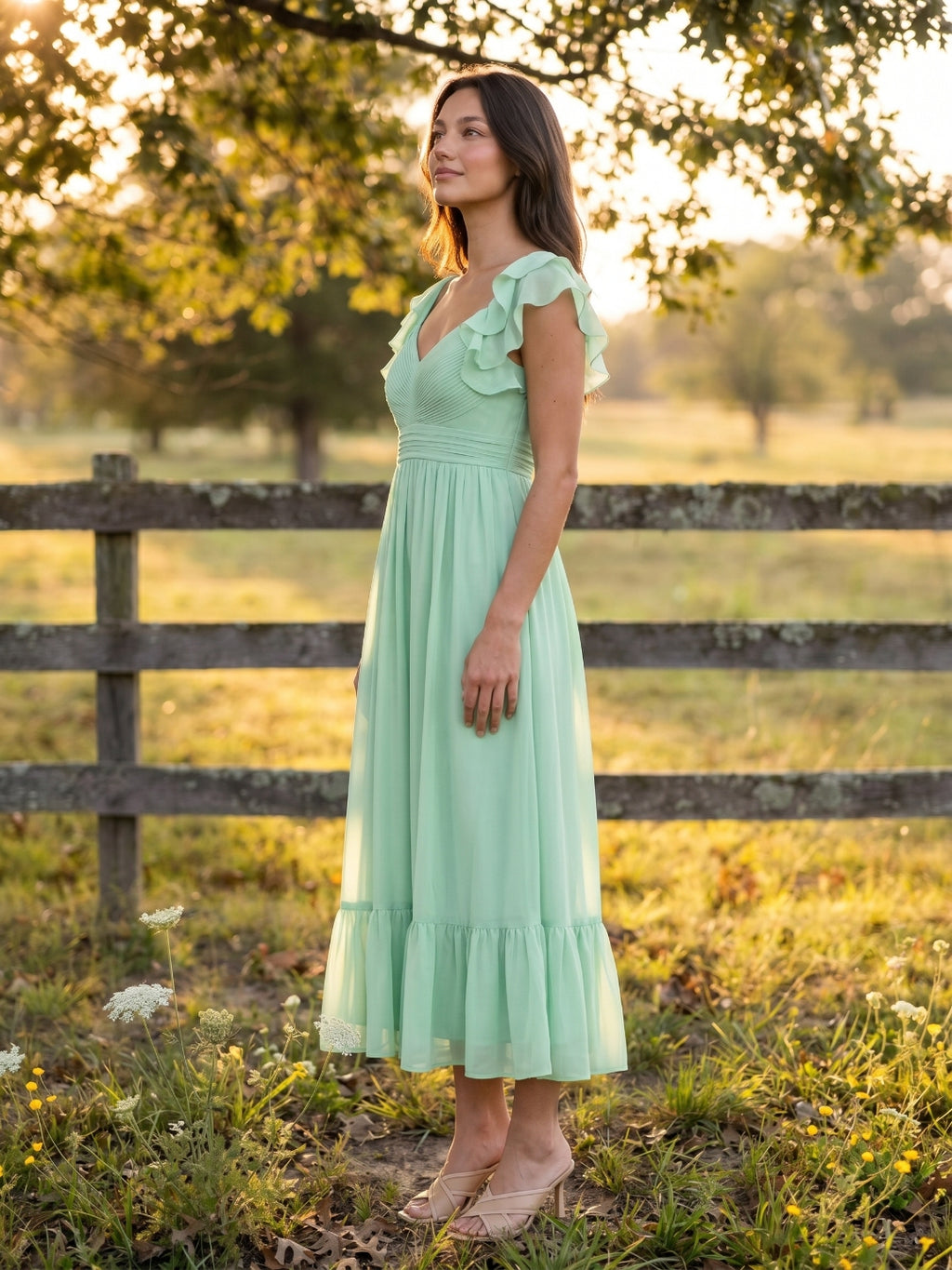 Mint Green Chiffon A-Line V-Neck V-Back Ankle-Length Bridesmaid Dress with Ruffles