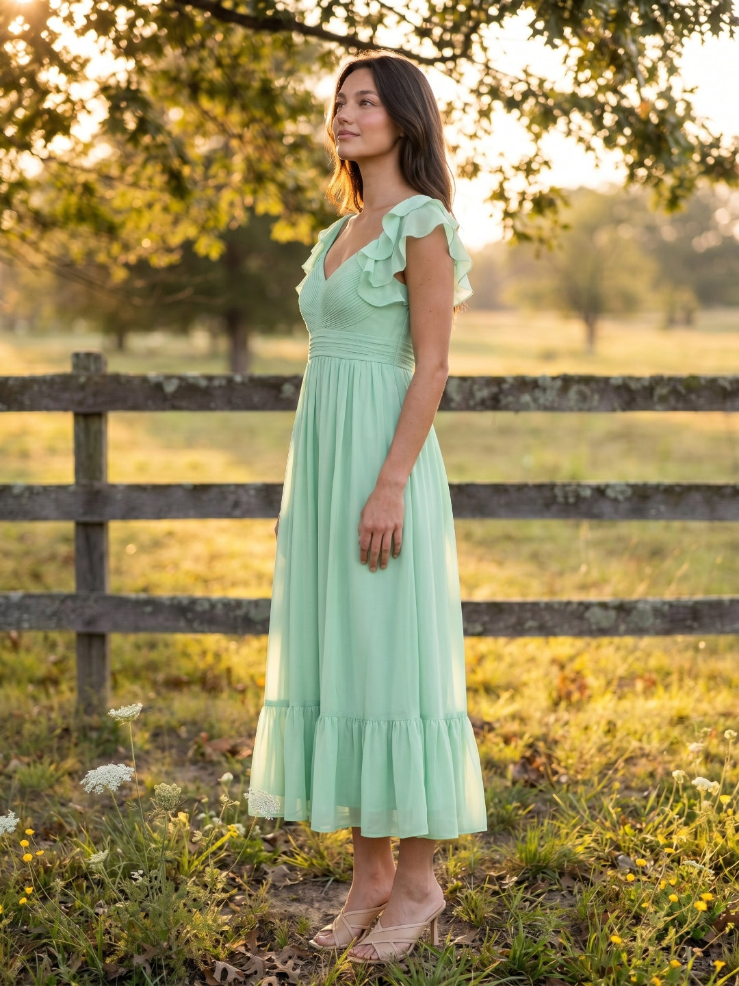Mint Green Chiffon A-Line V-Neck V-Back Ankle-Length Bridesmaid Dress with Ruffles