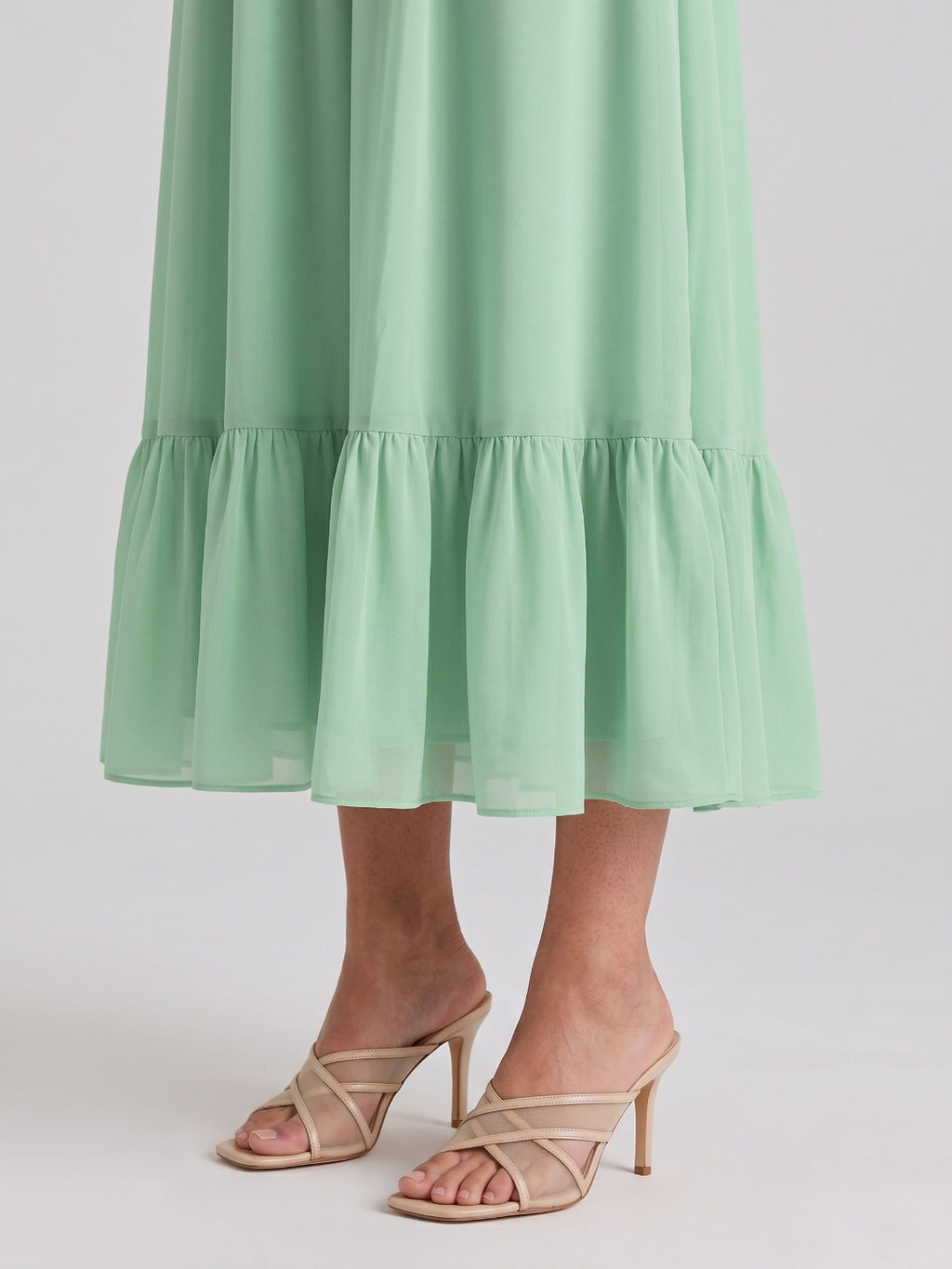 Mint Green Chiffon A-Line V-Neck V-Back Ankle-Length Bridesmaid Dress with Ruffles