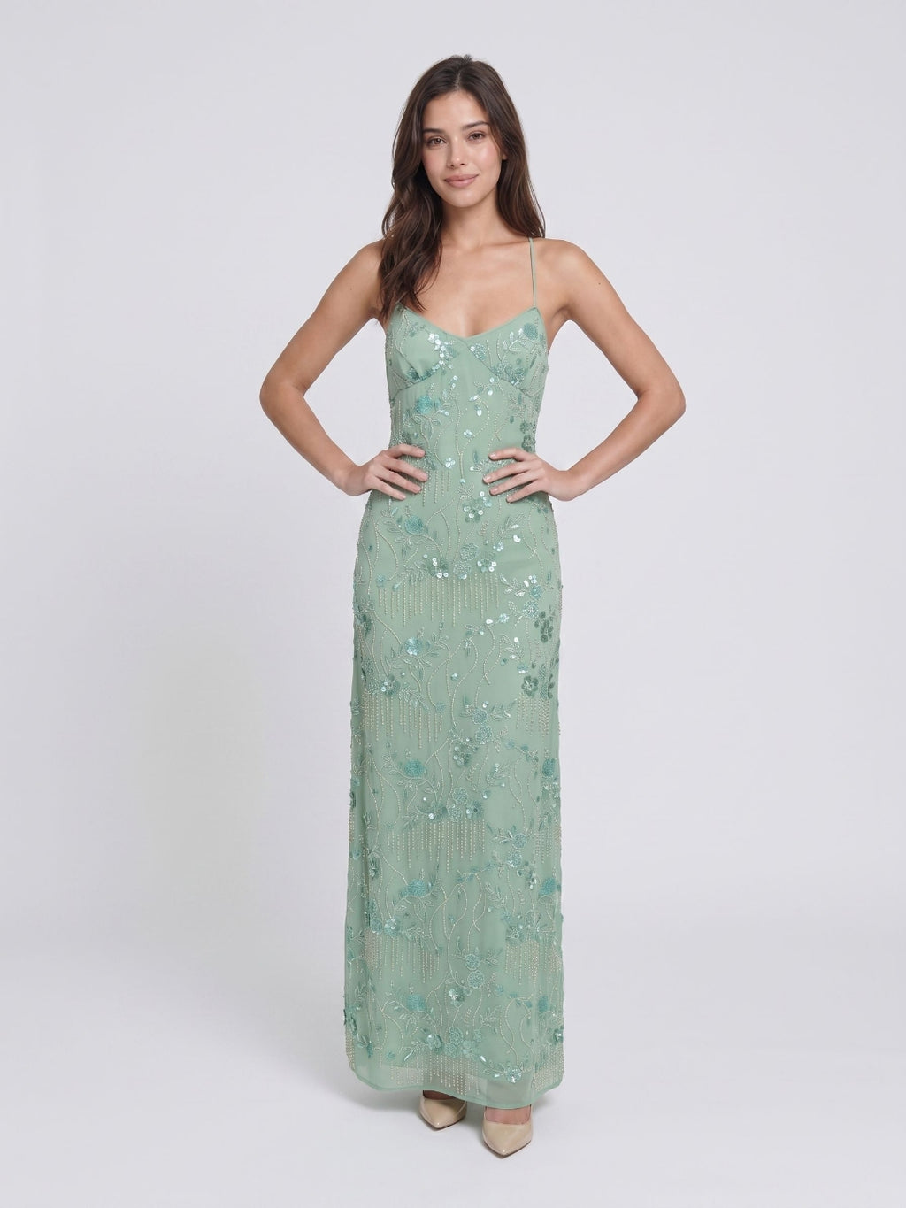 Mint Green Chiffon Column V-Neck Criss-Cross Straps Floor-Length Formal Dress with Beading