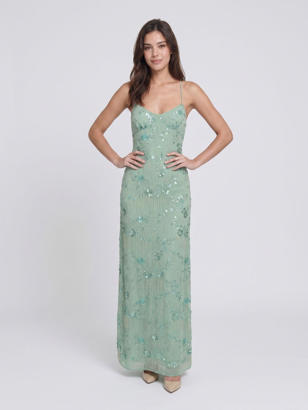 Mint Green Chiffon Column V-Neck Criss-Cross Straps Floor-Length Formal Dress with Beading
