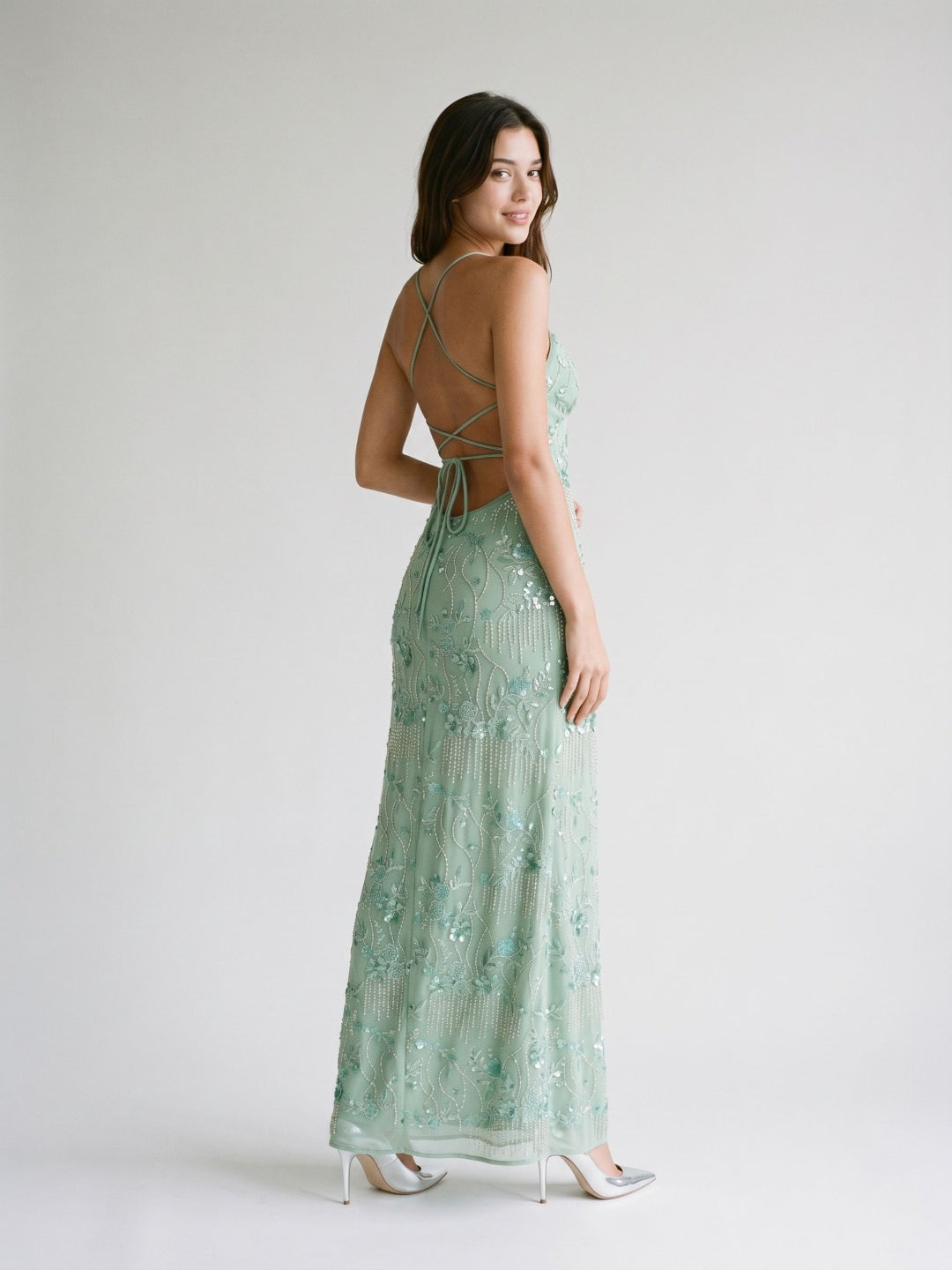 Mint Green Chiffon Column V-Neck Criss-Cross Straps Floor-Length Formal Dress with Beading