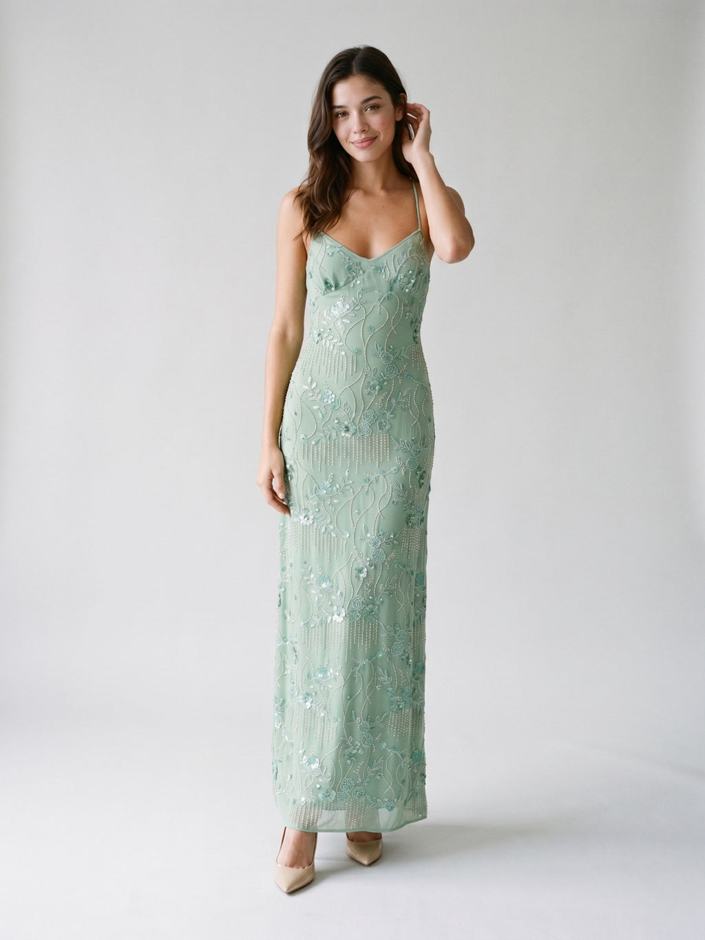 Mint Green Chiffon Column V-Neck Criss-Cross Straps Floor-Length Formal Dress with Beading