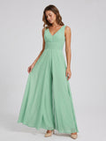 Mint Green Chiffon Jumpsuit V-Neck V-Back Floor-Length Bridesmaid Outfit with Pleating