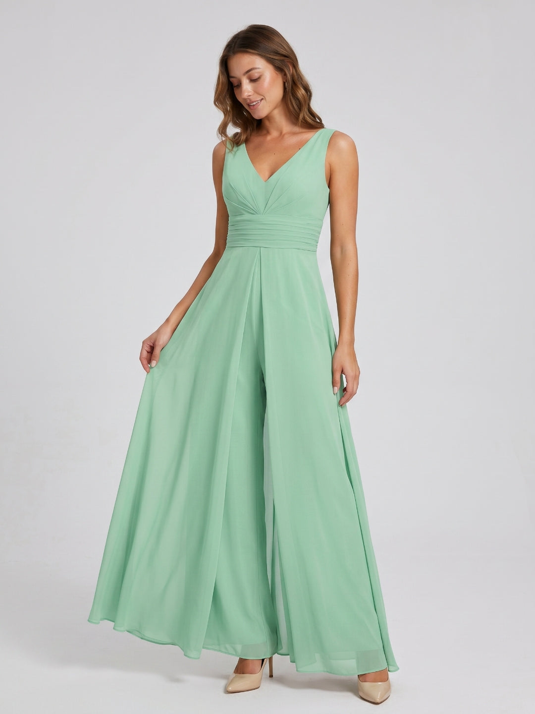 Mint Green Chiffon Jumpsuit V-Neck V-Back Floor-Length Bridesmaid Outfit with Pleating