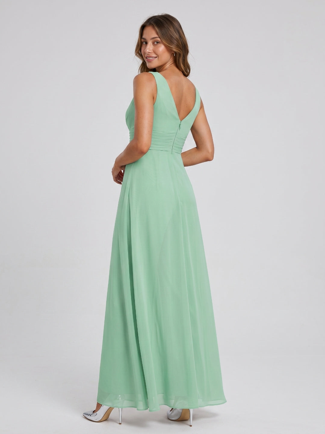 Mint Green Chiffon Jumpsuit V-Neck V-Back Floor-Length Bridesmaid Outfit with Pleating