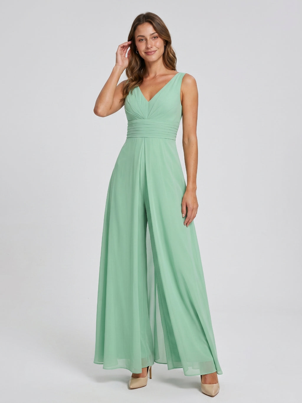 Mint Green Chiffon Jumpsuit V-Neck V-Back Floor-Length Bridesmaid Outfit with Pleating