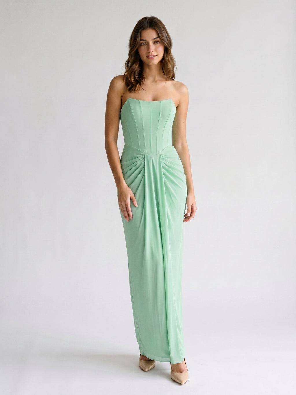 Mint Green Chiffon Sheath Straight Neck Backless Floor-Length Formal Dress with Pleating